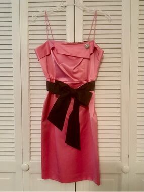 Lilly Pulitzer Pink Satin Spaghetti Strap Dress with Black Bow